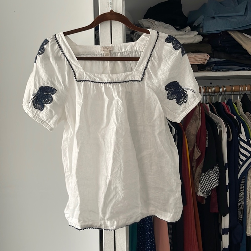 JCrew 100% Linen blouse with navy blue embroidery